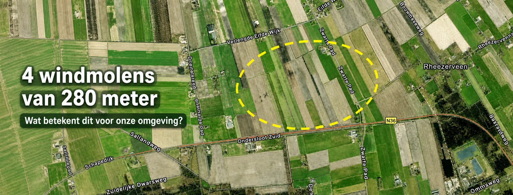 Luchtfoto van het buitengebied bij Stegeren met het zoekgebied Ondersloot geel gemarkeerd